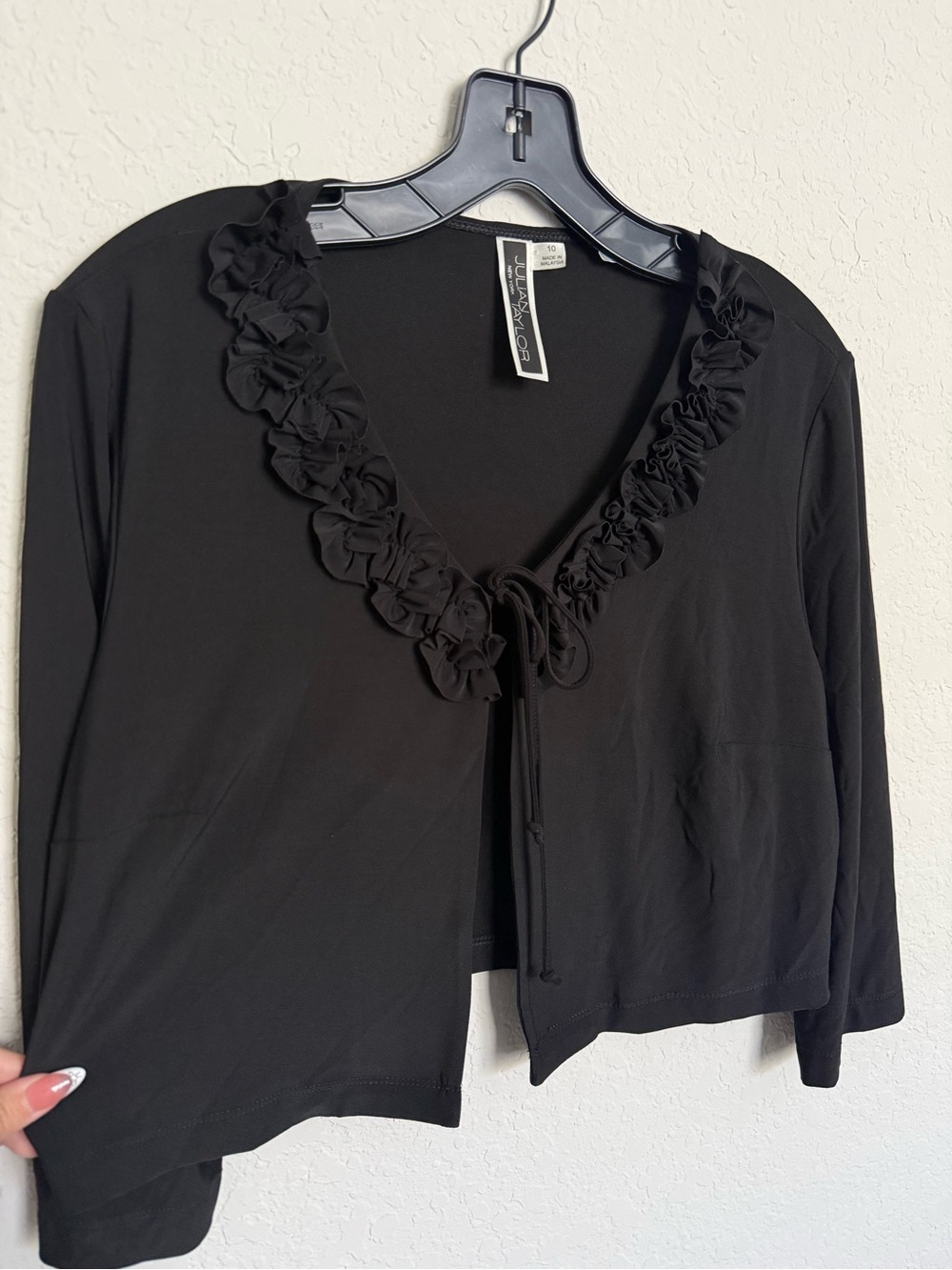 NWT Julian Taylor Black Ruffle Tie Front Light Cardigan Size 10 Large Minimalist